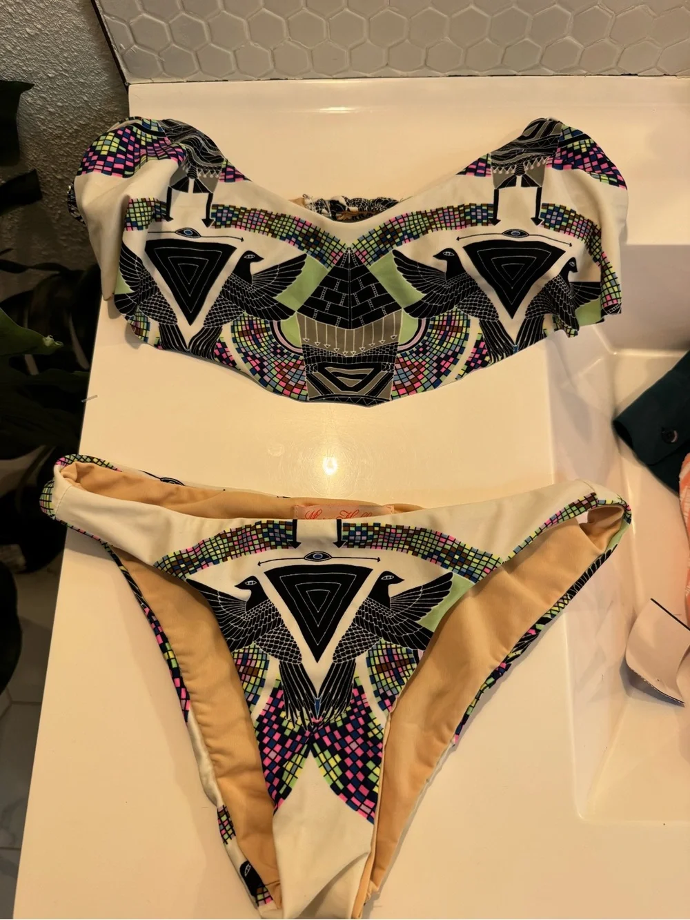 Mara Hoffman Y2K Low Rise Bottoms Pink Yellow Blue Geometric Flounce Bikini Set